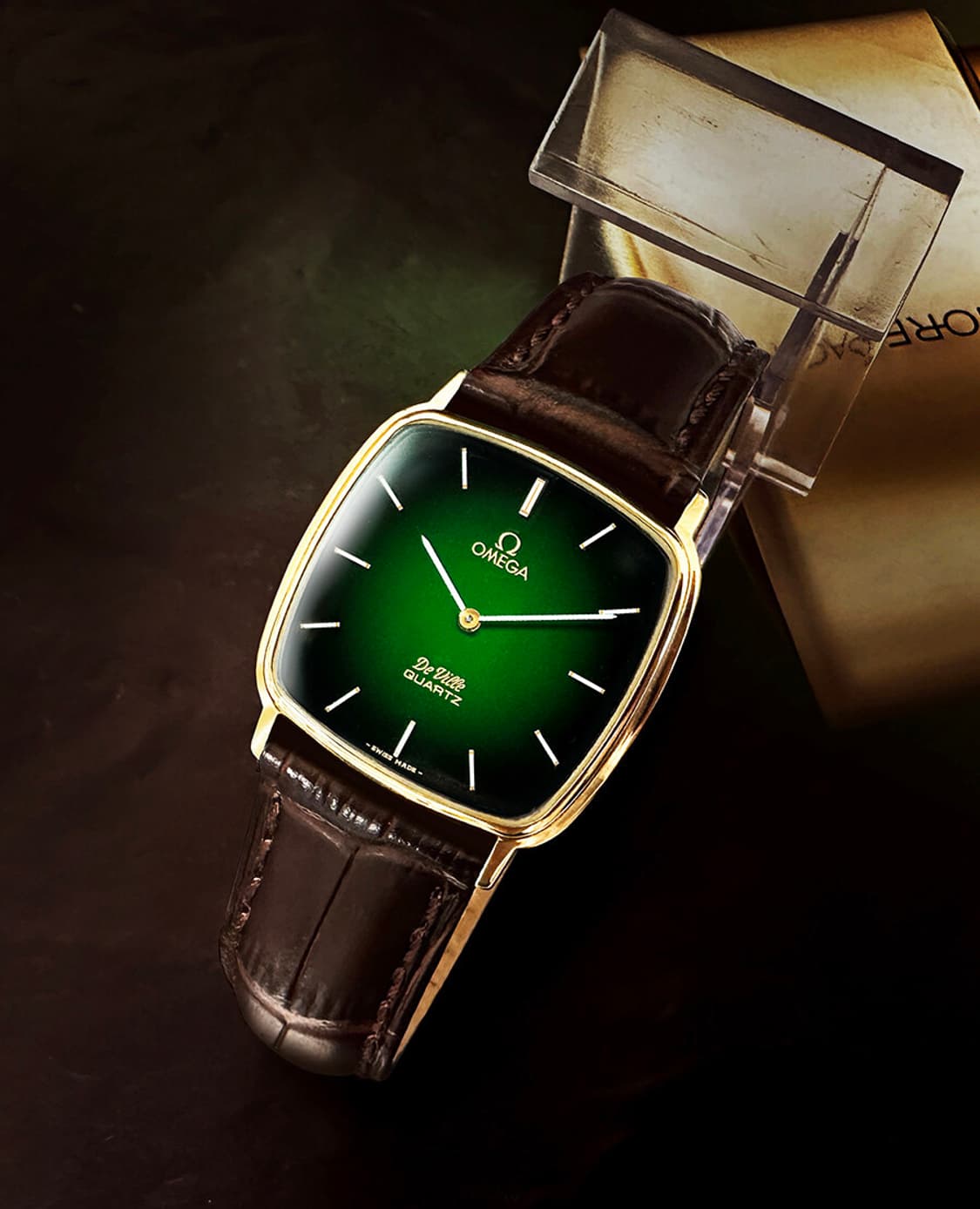 오메가 드빌 녹색투톤 로만 다이얼 쿼츠 남녀공용 가죽 시계 상품이미지7