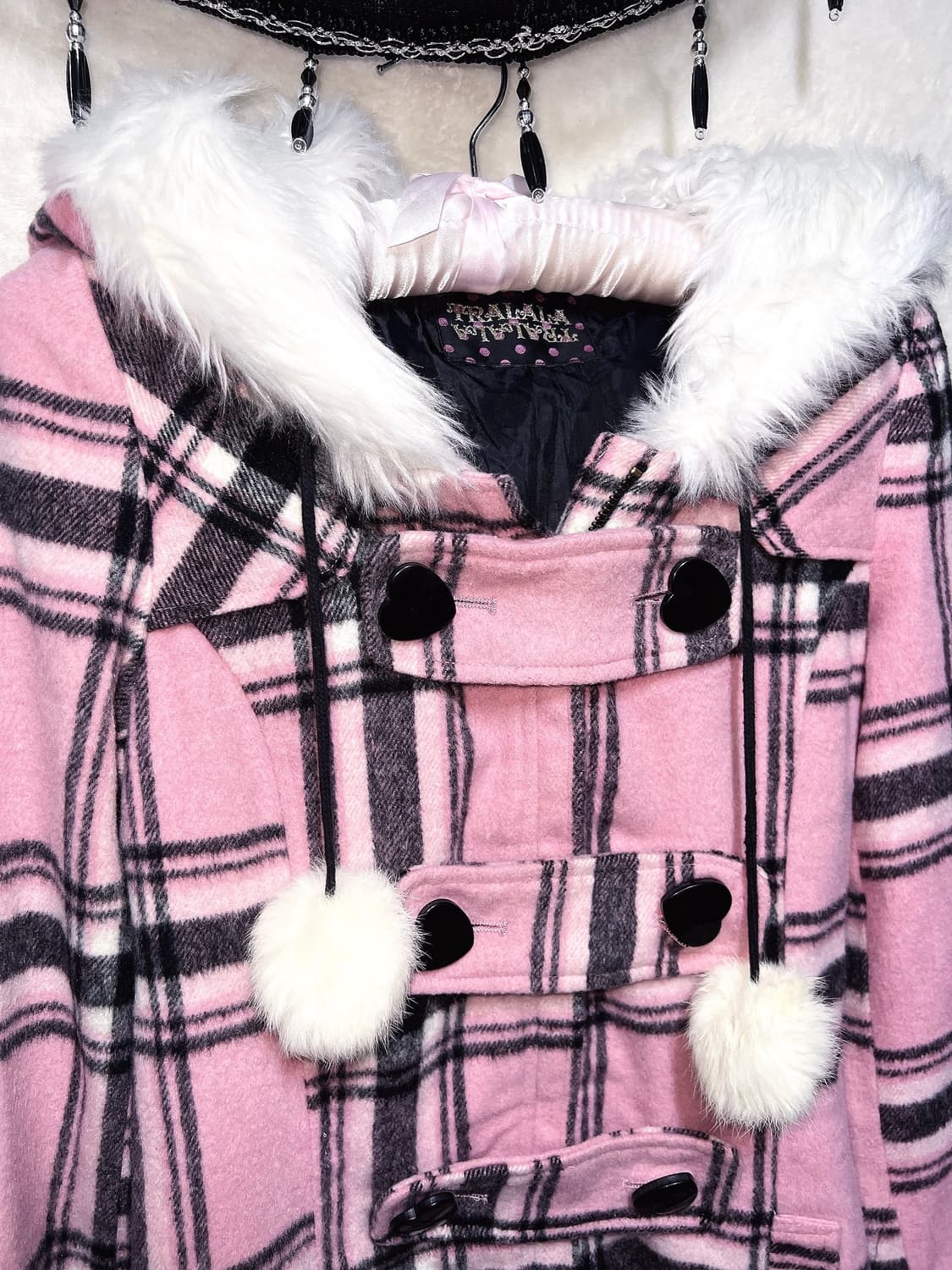 트랄라라 리즈리사 핑크 체크 퍼후드 폼폼 떡볶이코트 로맨틱갸루 로걀 핀터 상품이미지2