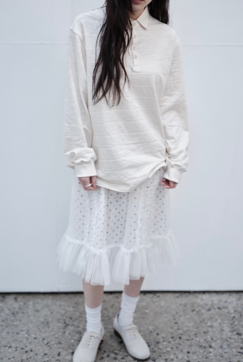 (택포)생긴스튜디오 밴딩 러플 샤 도트 스커트 화이트 상품이미지3