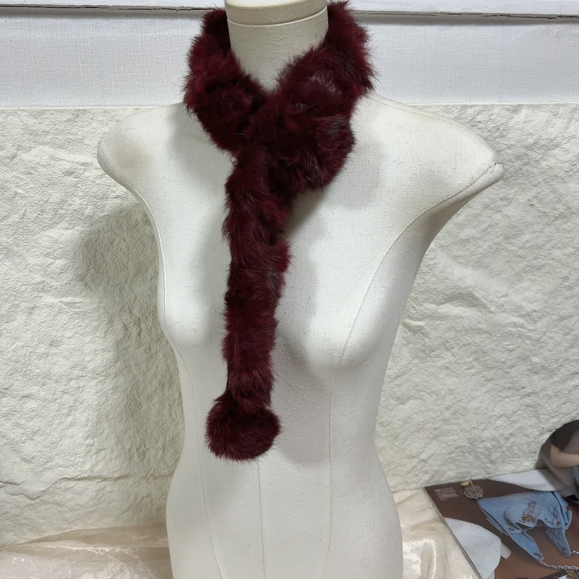 빈티지 다크 레드 토끼털 방울 목도리 스카프 상품이미지1