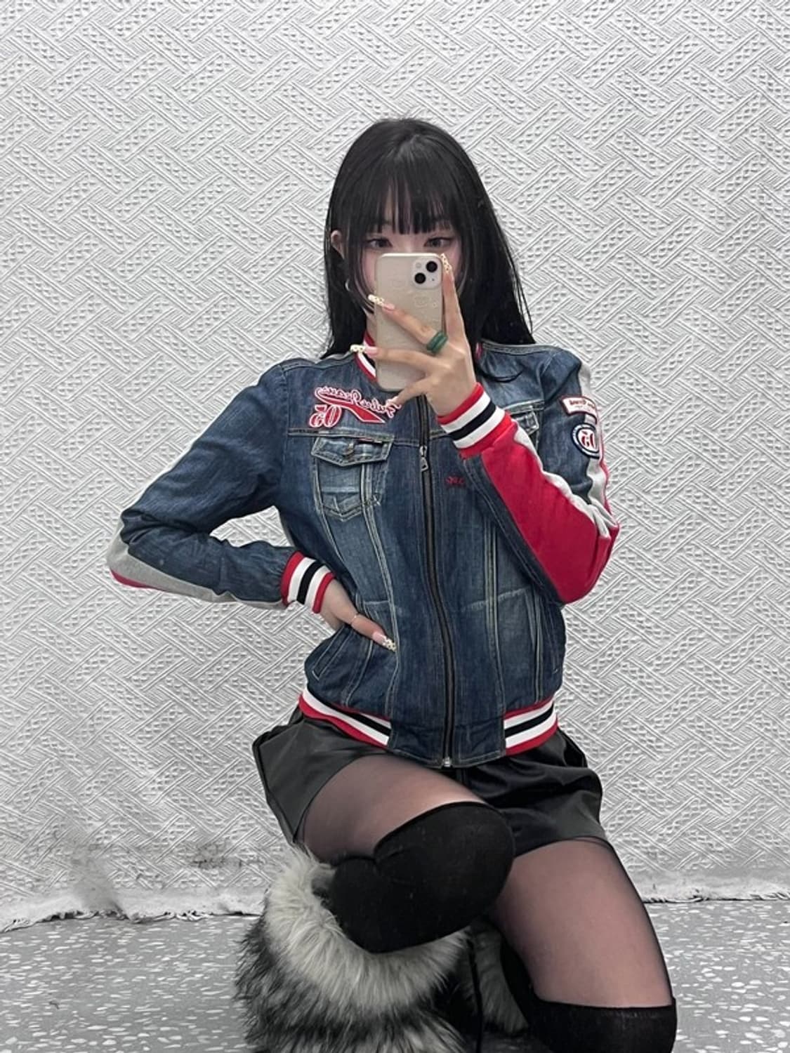 푸부 올드스쿨 Y2K 데님 패치 바이커 스웻 바시티자켓 M C09652 상품이미지2