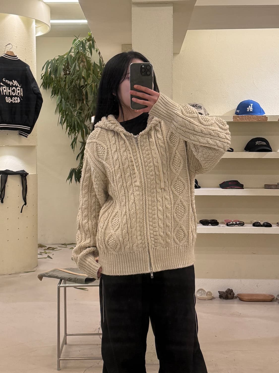 트릴리온 케이블 니트 집업 후드 베이지 U421 상품이미지1