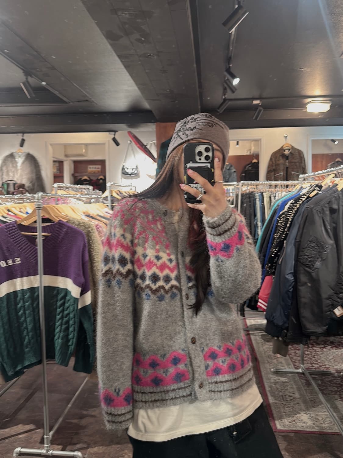 빈티지 그런지 노르딕 패턴 알파카 울 그레이 가디건 M 상품이미지5