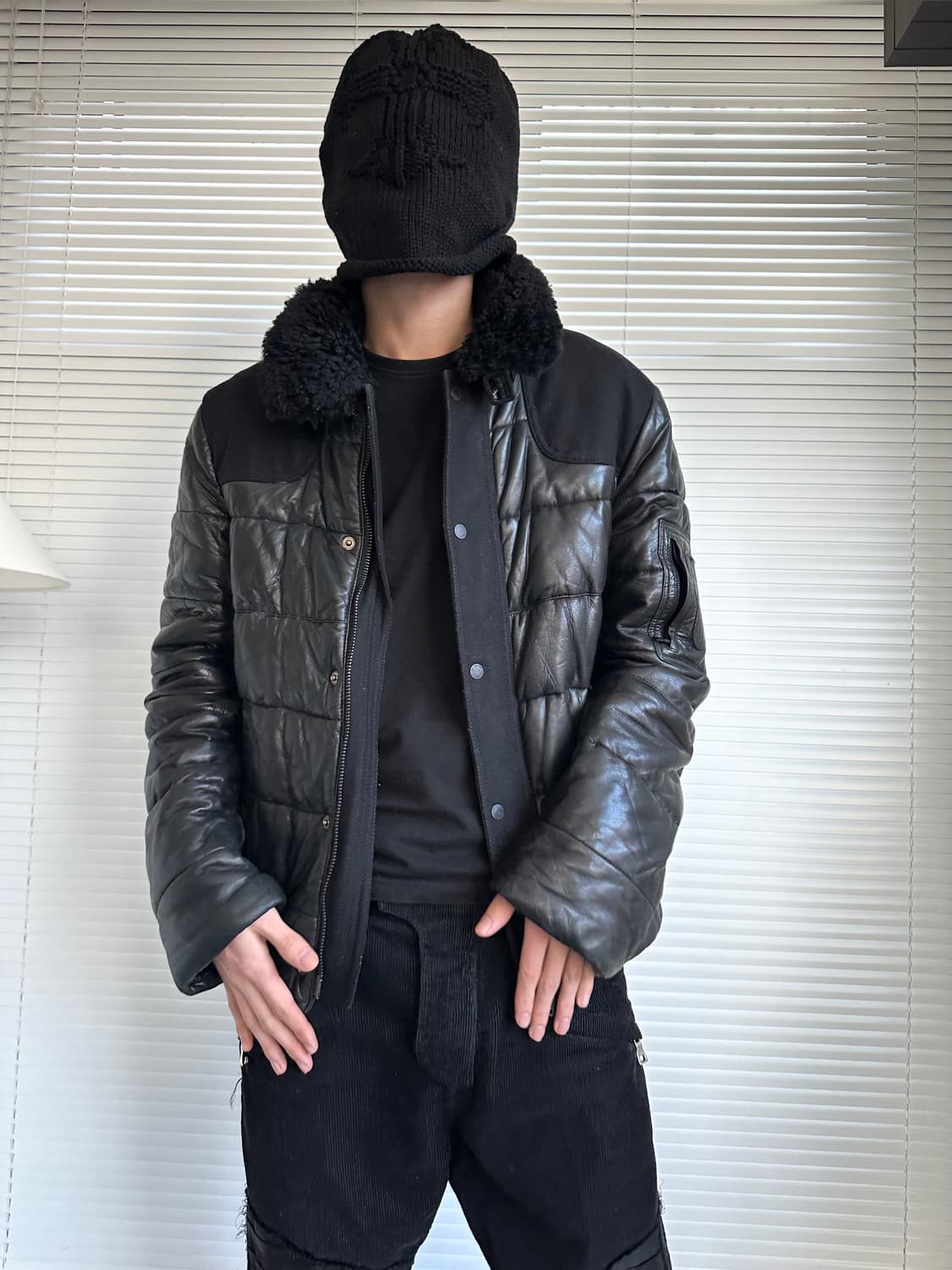 닐바렛 하이넥 버클 램스킨 레더 패딩 봄버 상품이미지2