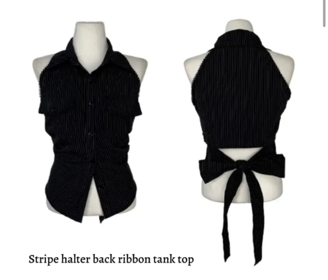 스트라이프 홀터 레이스 포켓 슬림 뒷리본 민소매 나시 셔츠 블랙 상품이미지1