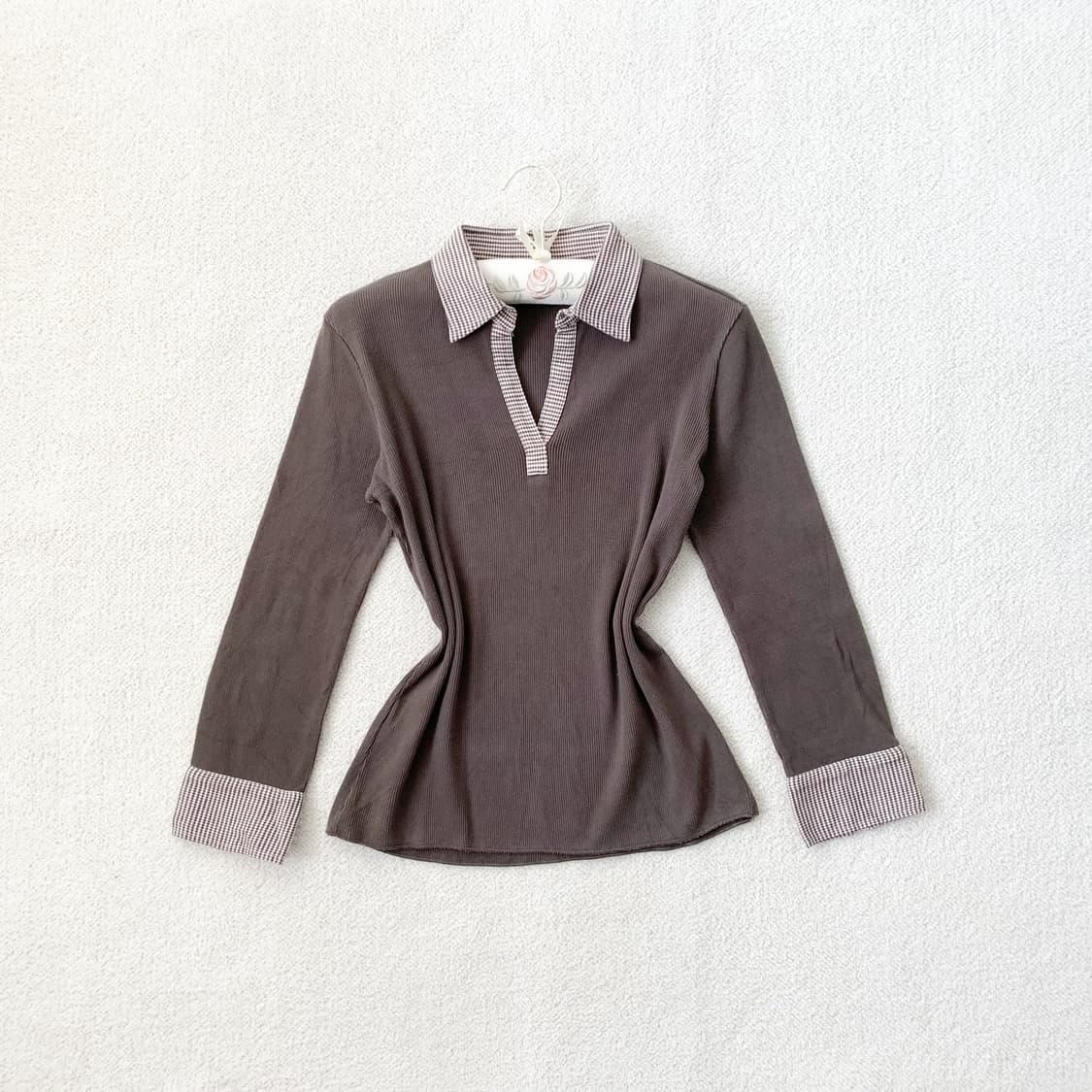 초코 하운드체크 ♥ 골지 7부 탑 상품이미지1