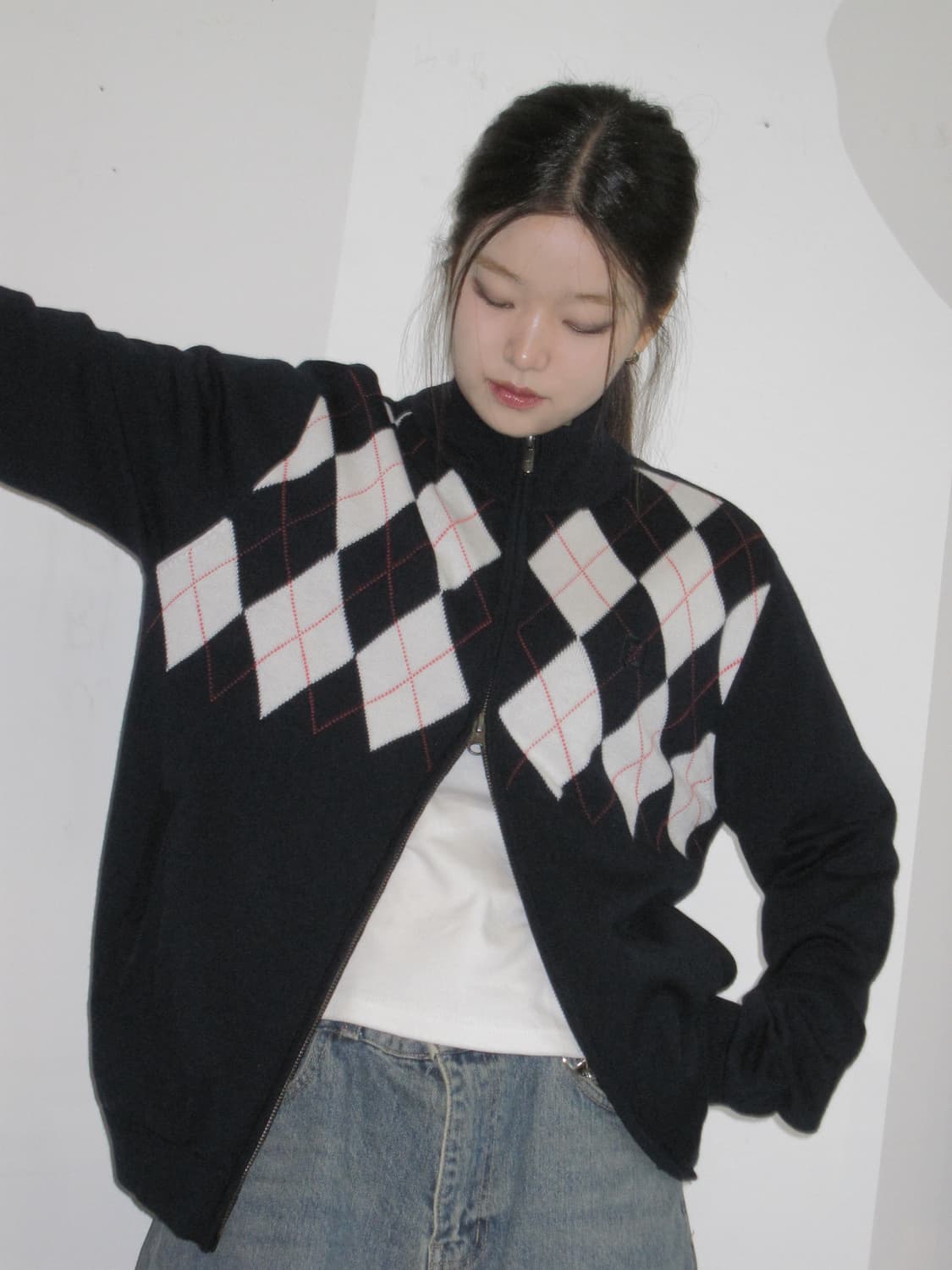 풋조이 아가일 니트 집업 상품이미지1