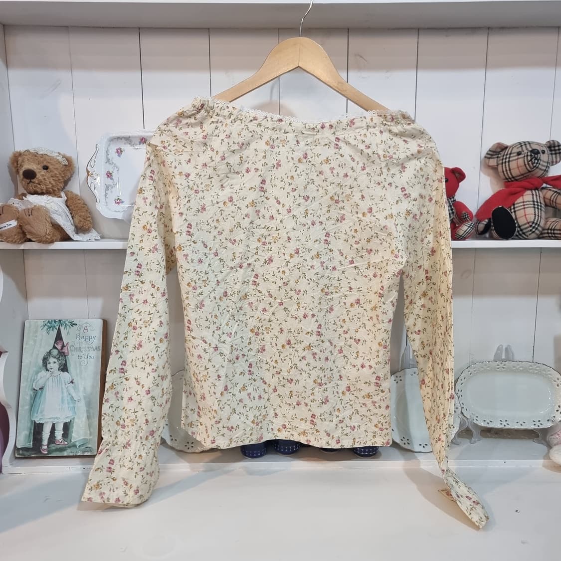 플라워 프린트 블라우스 아이보리 리본 장식 상품이미지4