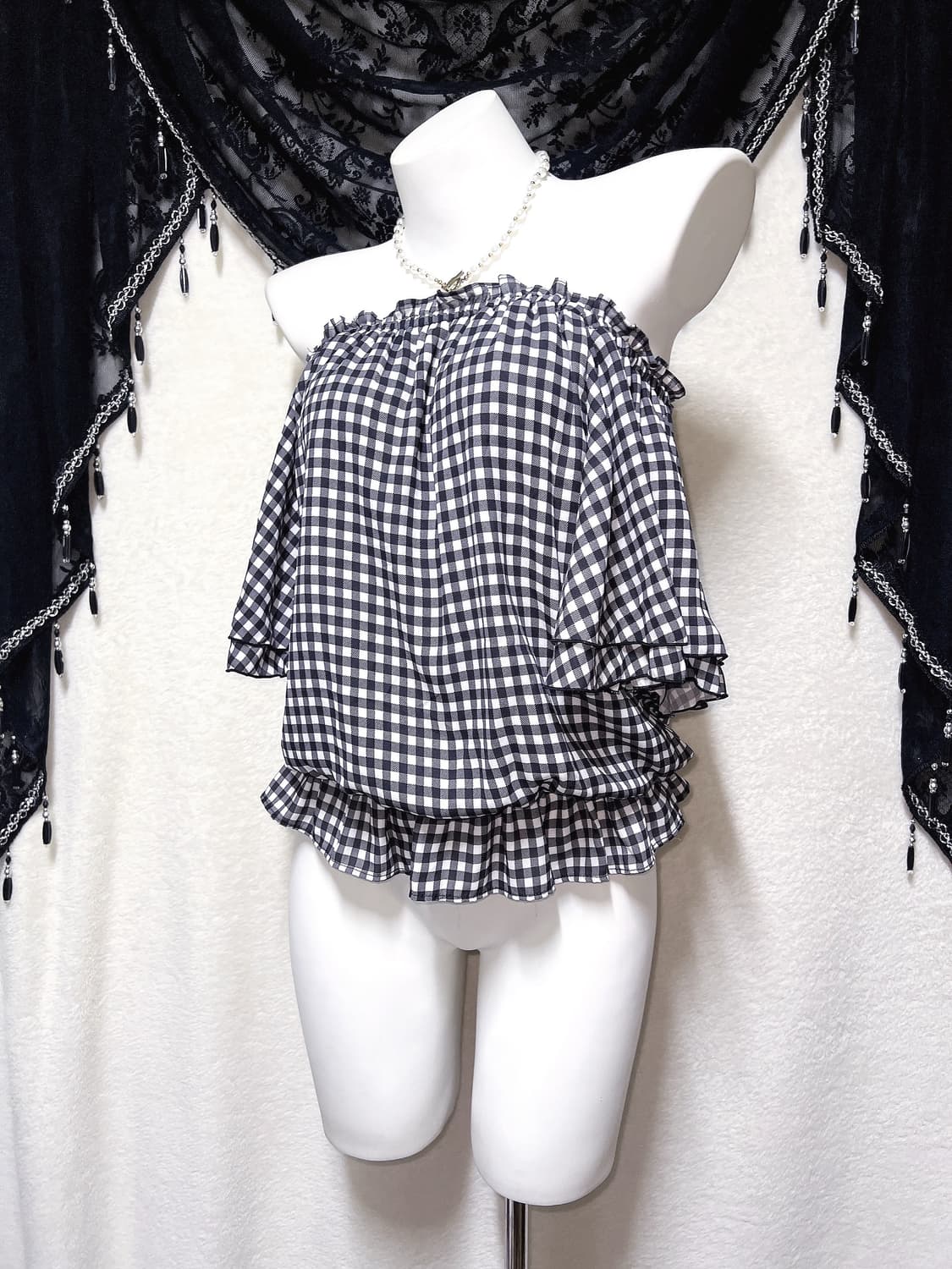 잉그니 ingni 로맨틱갸루 체크 오프숄더 블라우스 로걀탑 튜닉 러블리 상품이미지2