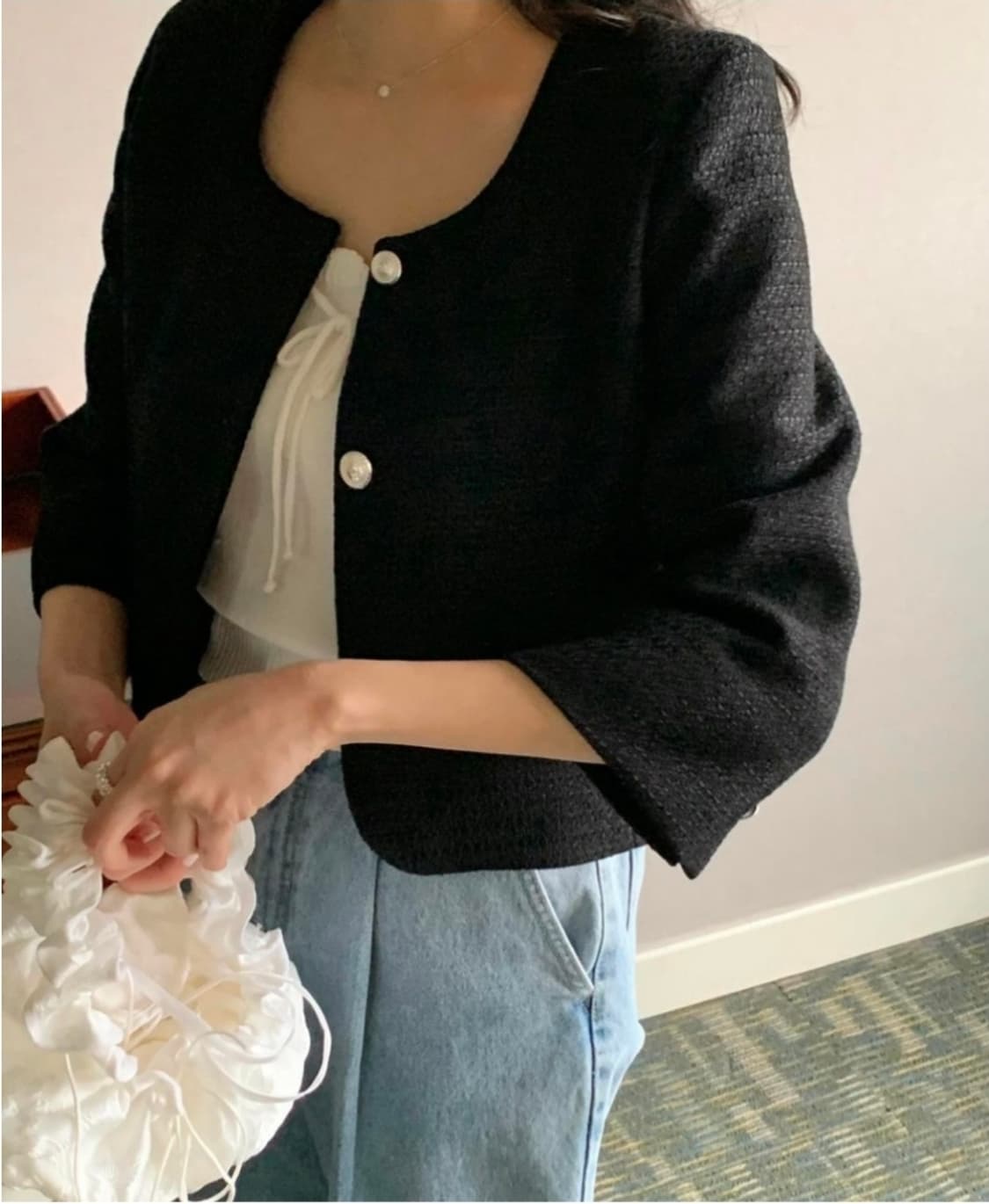 택달린새상품) 미엘 miel 브레스자켓 블랙 노카라 7부 숏 트위드 상품이미지3