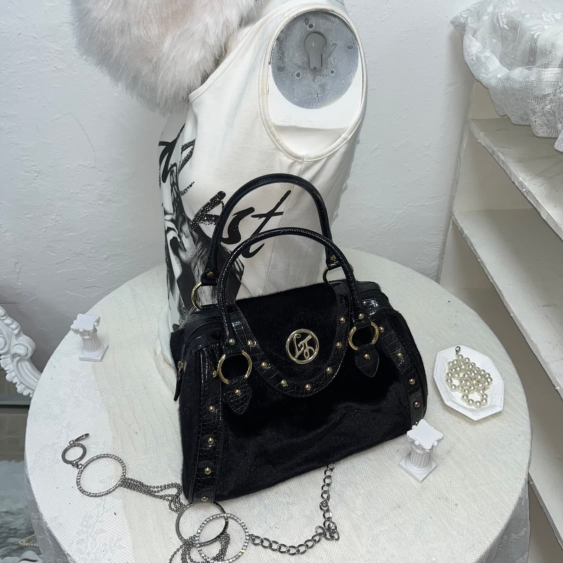 빈티지 블랙 파에톤 배색 숄더백 상품이미지1