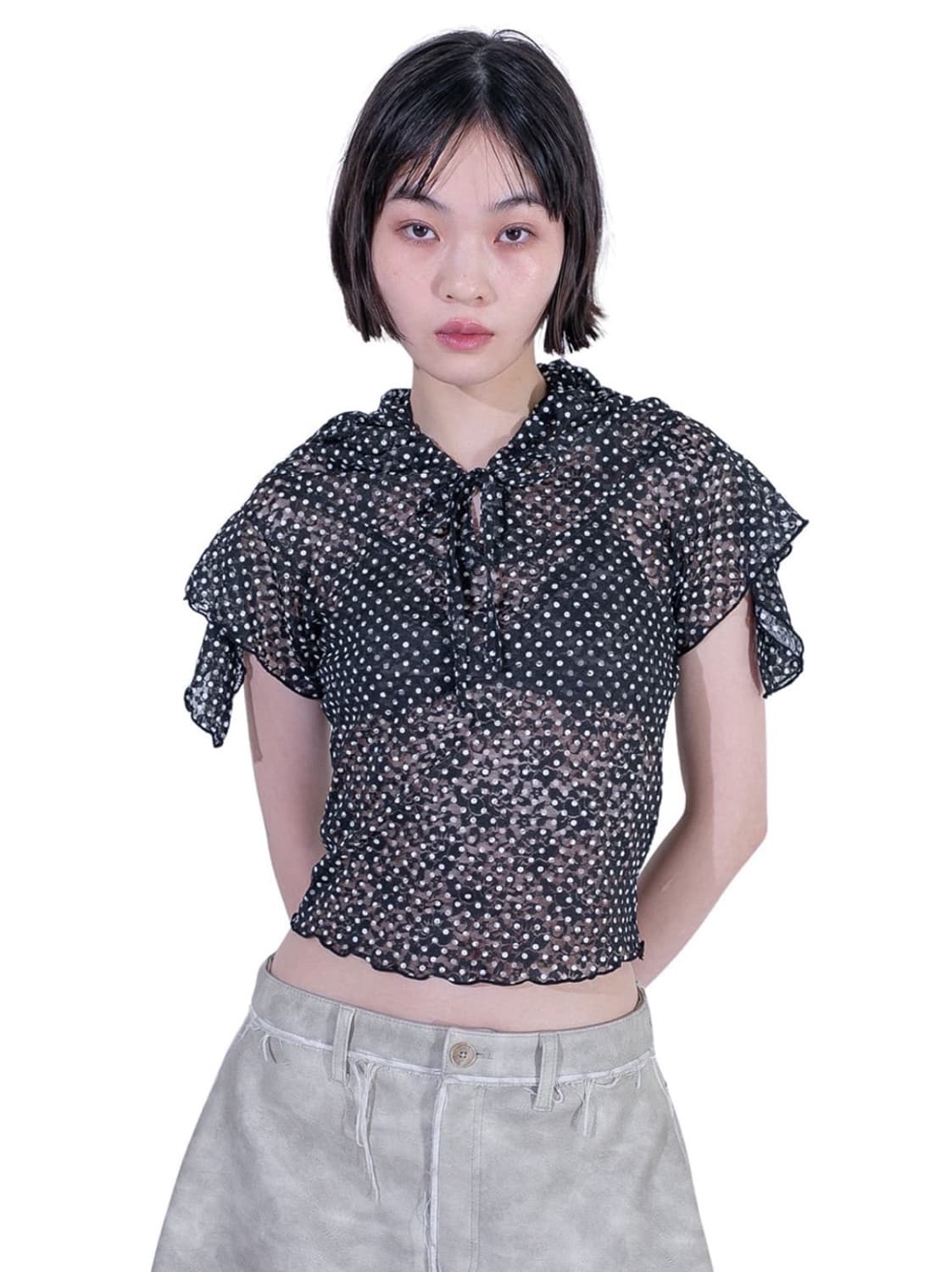 F/ Perverze 드레이프 도트 린넨 후드탑 상품이미지4