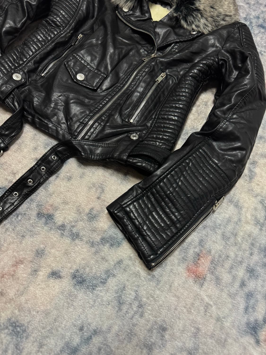 Unknown trimming fur fake leather jacket 상품이미지6