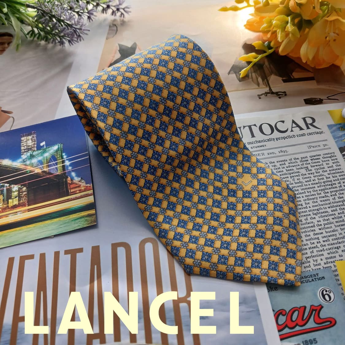 란셀 실크 옐로 플라워 기하 패턴 넥타이 9.1cm A+등급 A18743 상품이미지1