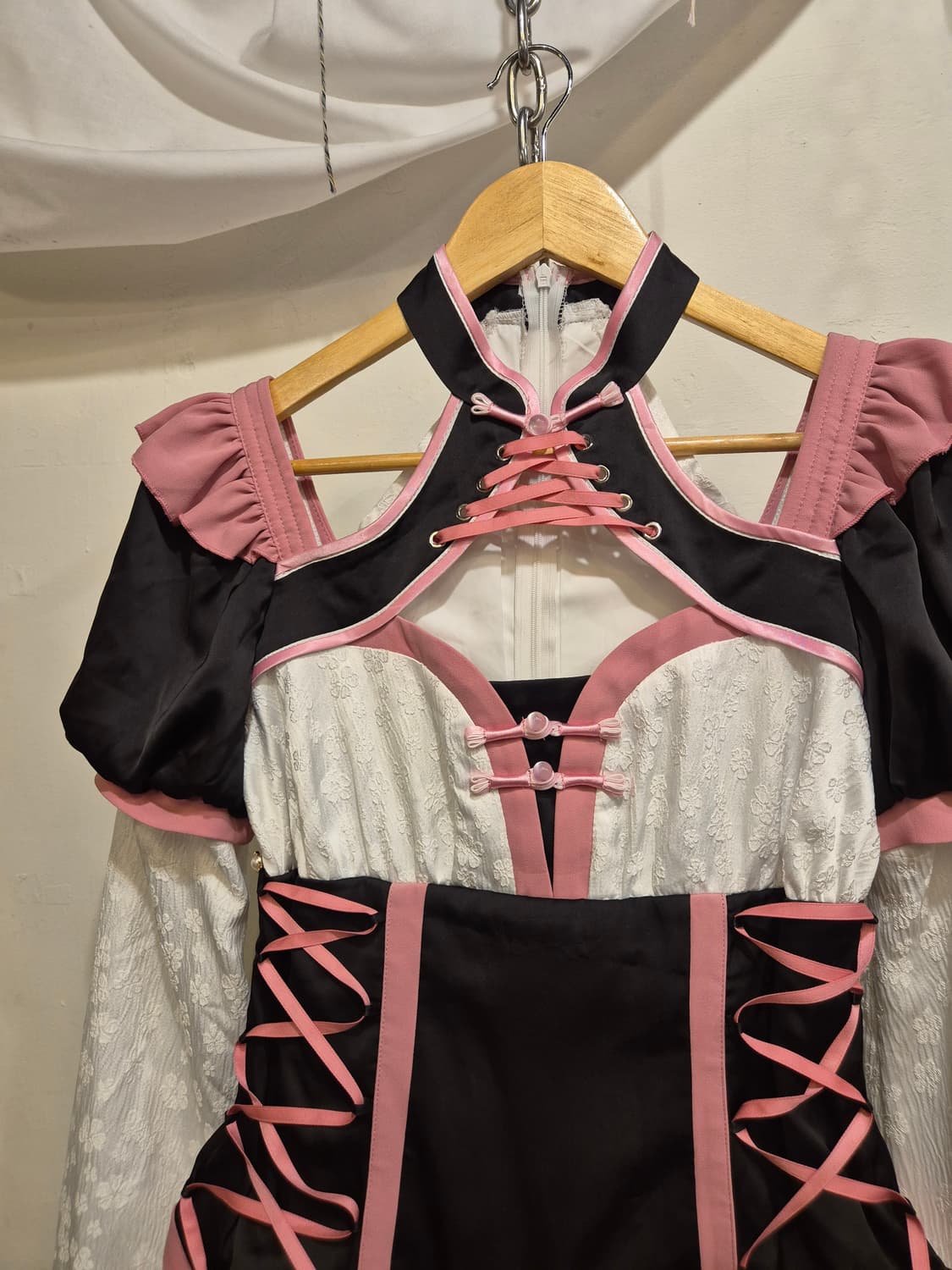 홀터 아일렛 용 플라워 자수 블랙 핑크 원피스 오리엔탈 상품이미지6