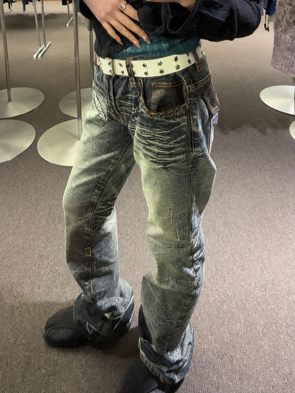 L)Japanese vintage 여성 레이스업 디테일 부츠켓 데님팬츠 상품이미지1