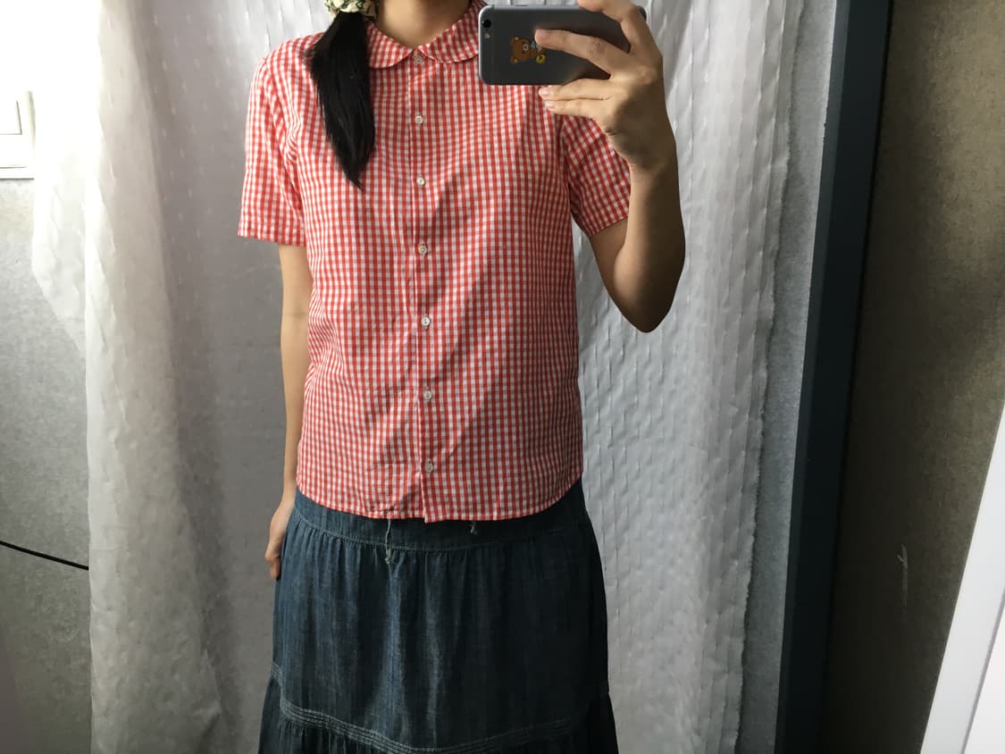 레드 체크 둥근 카라 블라우스 상품이미지2