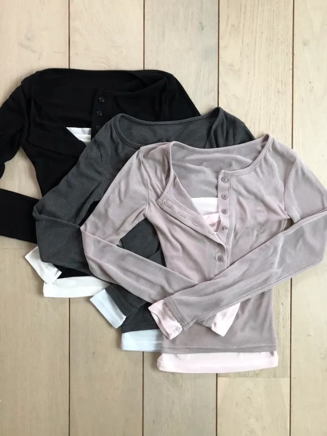 새거)버튼 레이어드 긴팔티셔츠 빈티지 미스치프 쓰리타임즈 코이세이오 나체 상품이미지6