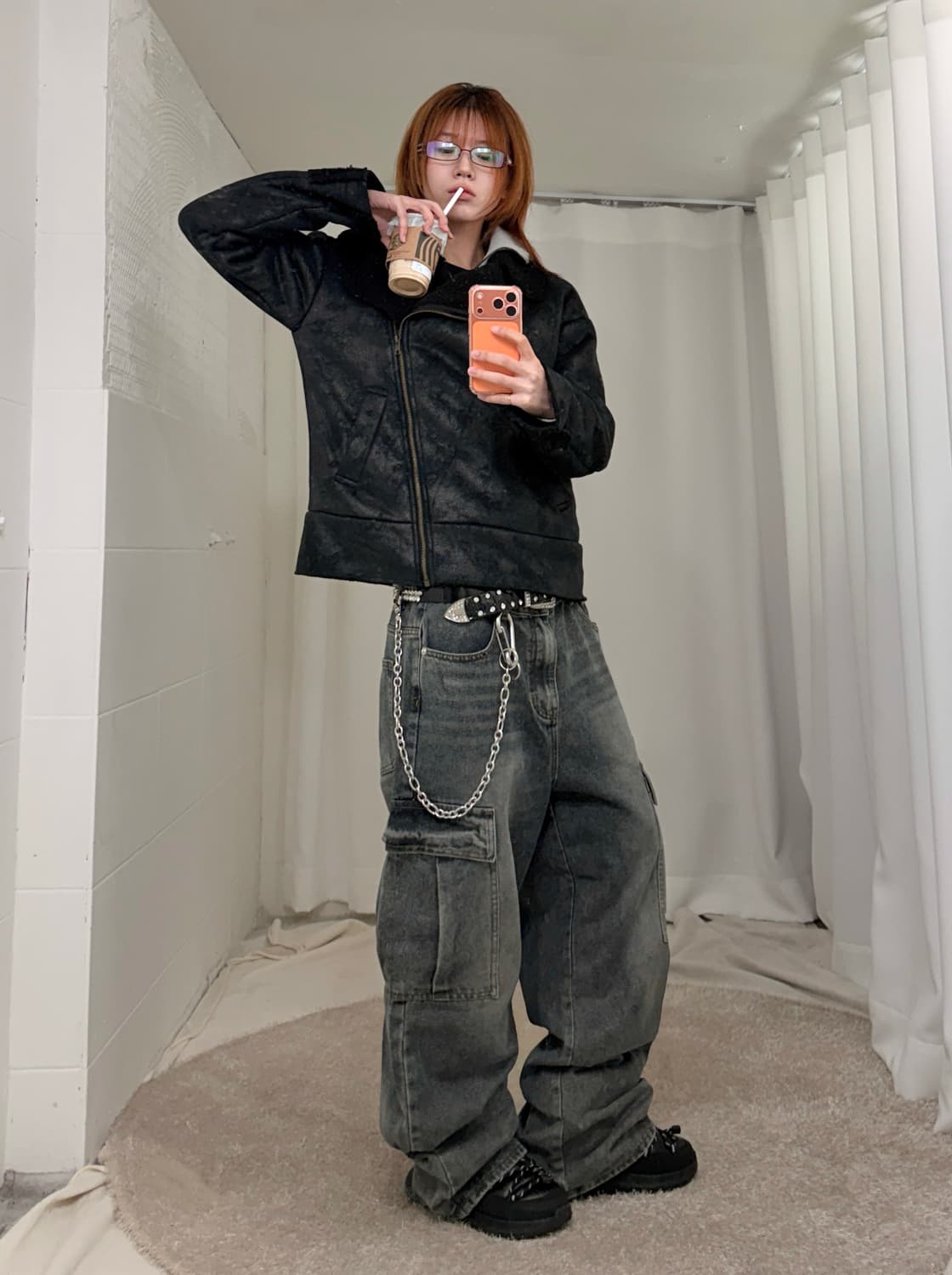 빈티지 무채색 핀터깔 무스탕 스트릿 코디 세트 상품이미지1