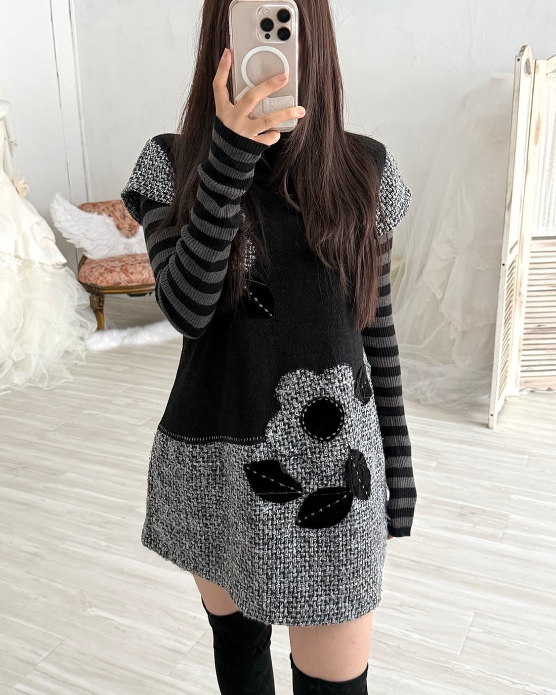 Nerd feminine black flower point dress 상품이미지10