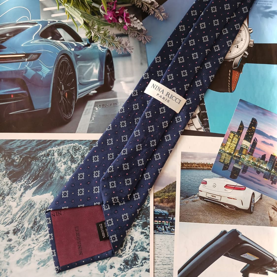 니나리치 실크 블루 플라워 자카드 넥타이 9.8cm A+등급 A18945 상품이미지4