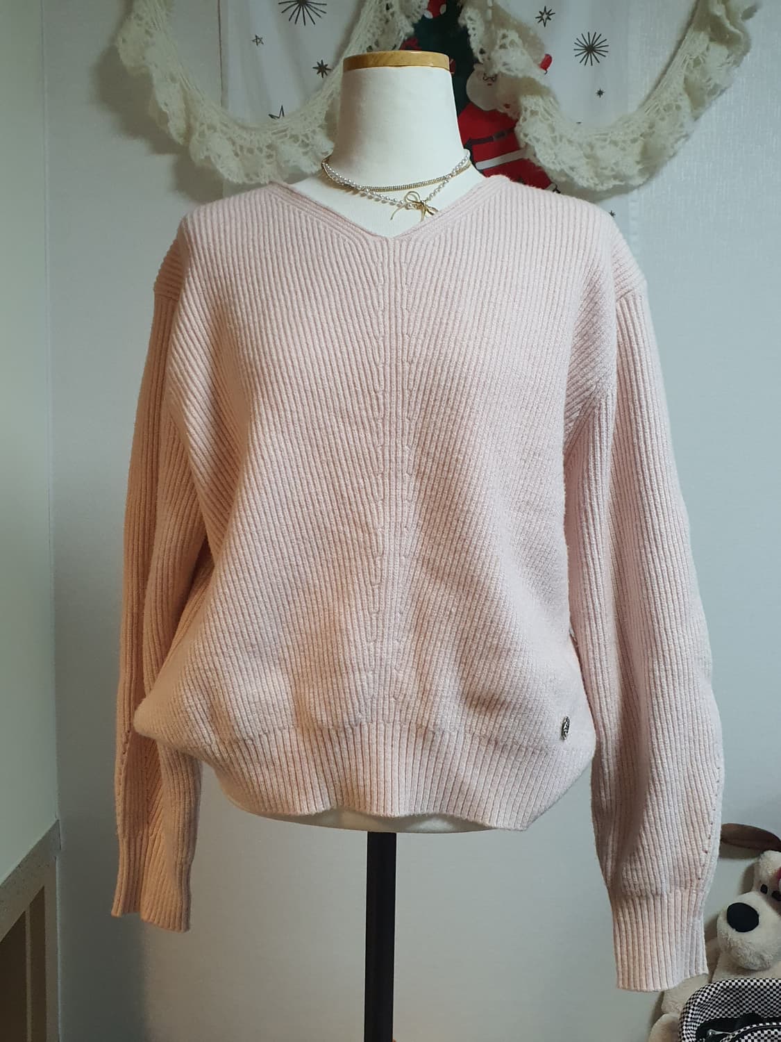 [빈티지] 핑크 브이넥 니트 스웨터 발레코어 니트 상품이미지1