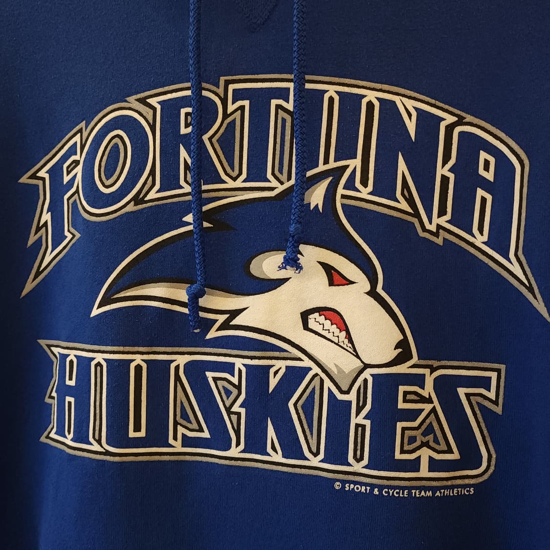 90s 러셀 후드 스웻셔츠 포튜나 허스키스 빈티지 프린팅 블루 L 상품이미지4
