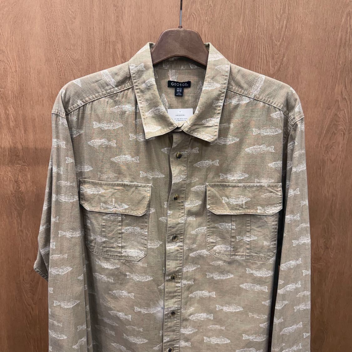 빈티지 코튼 긴팔 셔츠 워싱 피쉬 패턴 프린트 플랩 포켓 디테일 베이지 상품이미지4