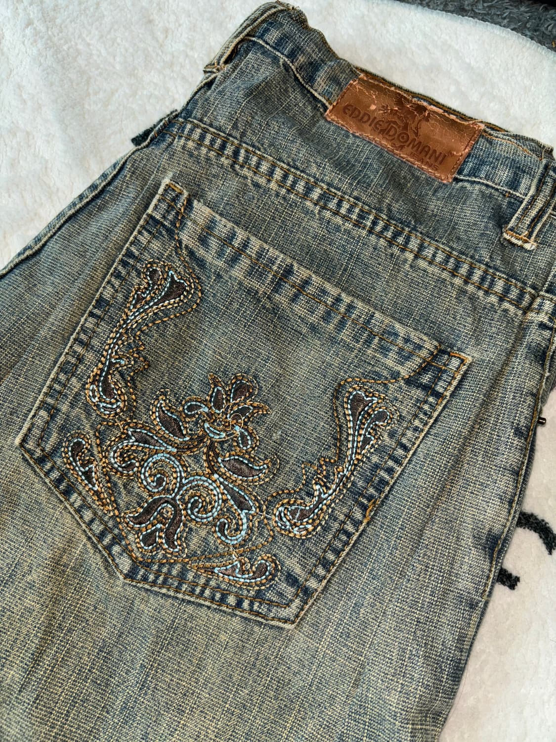 90s EDDIE DOMANI JEANS 올드스쿨 진청 자수 오버 반츠 상품이미지4