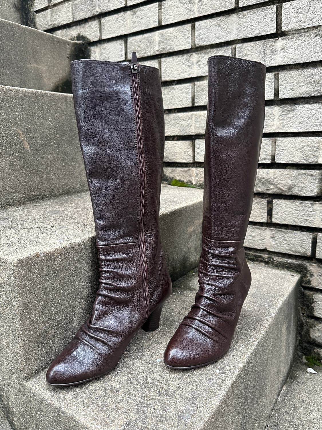 VIntage Brown Shirring Mid-Heel Boots 상품이미지2