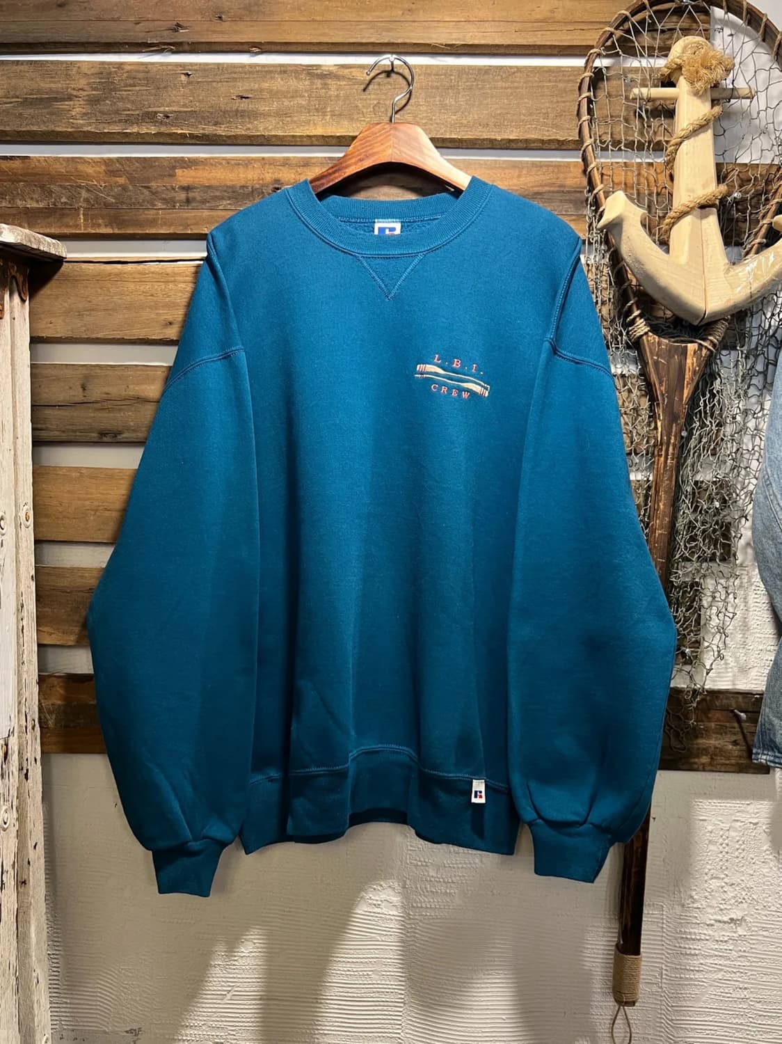 [XL]90's 러셀 USA Made LBI CREW 블루그린 스웻셔츠 상품이미지1