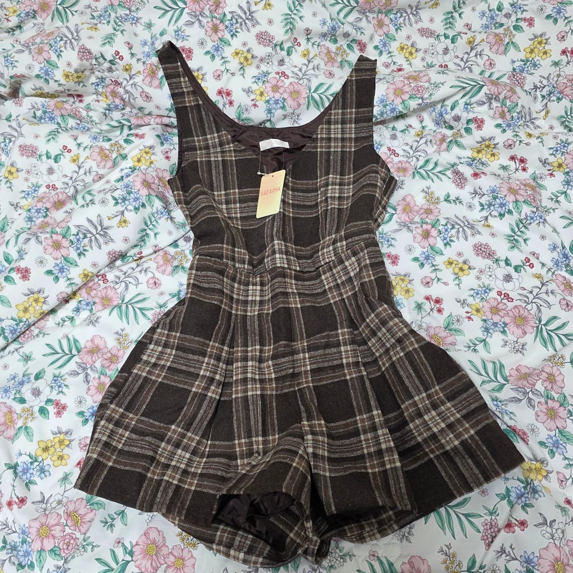 리즈리사 일본빈티지)초코라떼히메갸루st 로맨틱 브라운체크 올인원 상품이미지5