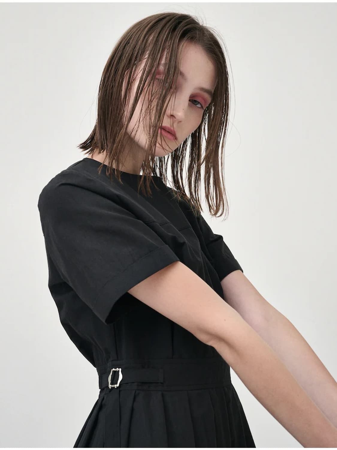 에트몽 etmon 플리츠 바스락 반팔 카브라 핀턱 롱 원피스 블랙 M 상품이미지3