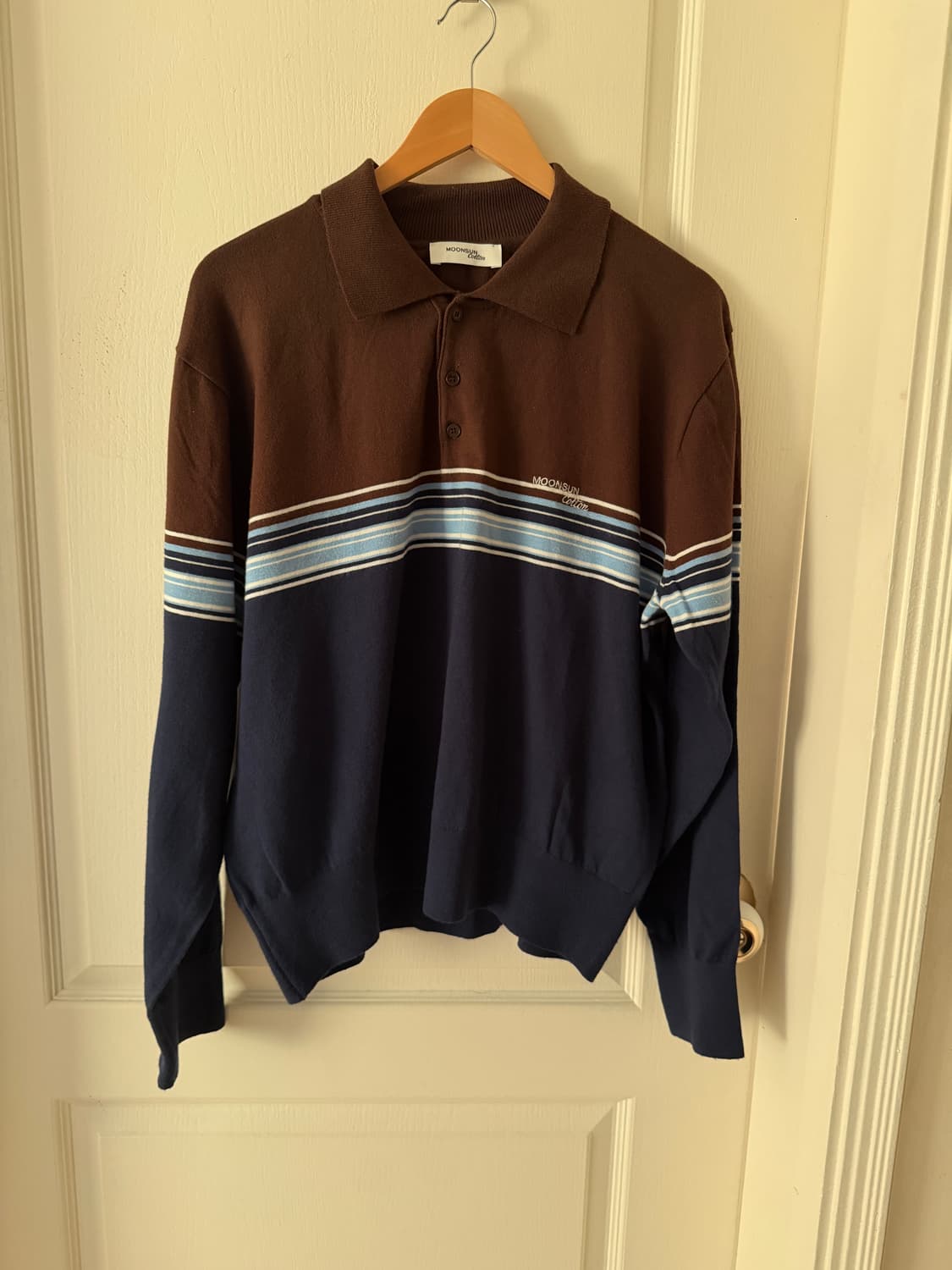 문선 코튼 스트라이프 카라 니트 / 브라운블루 상품이미지1