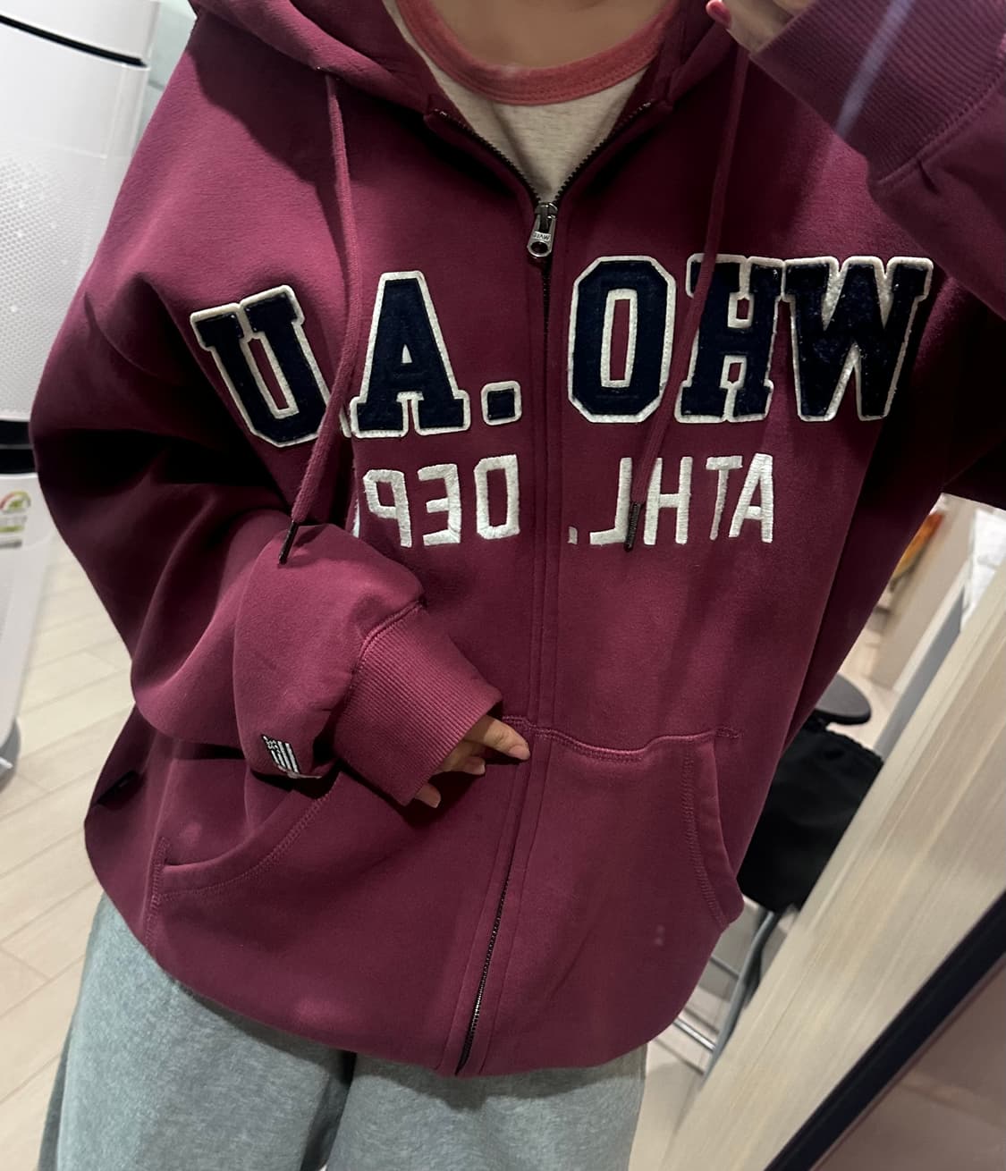후아유 시그니처 패치 후드집업 버건디 M 상품이미지1