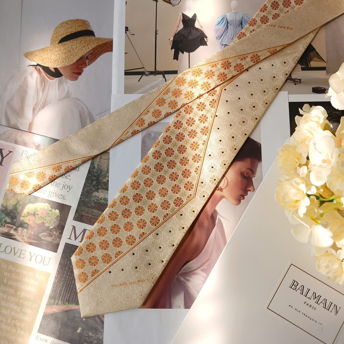 피에르 발망 실크 베이지 패턴 넥타이 9.1cm A+등급 A19829 상품이미지3