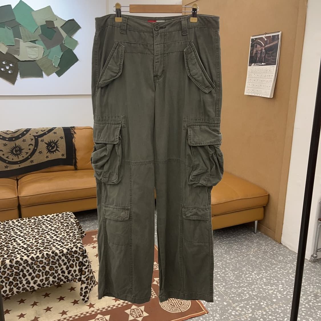 빈티지 스트릿 힙합 멀티포켓 올리브카키 카고팬츠 32인치 C09721 상품이미지3