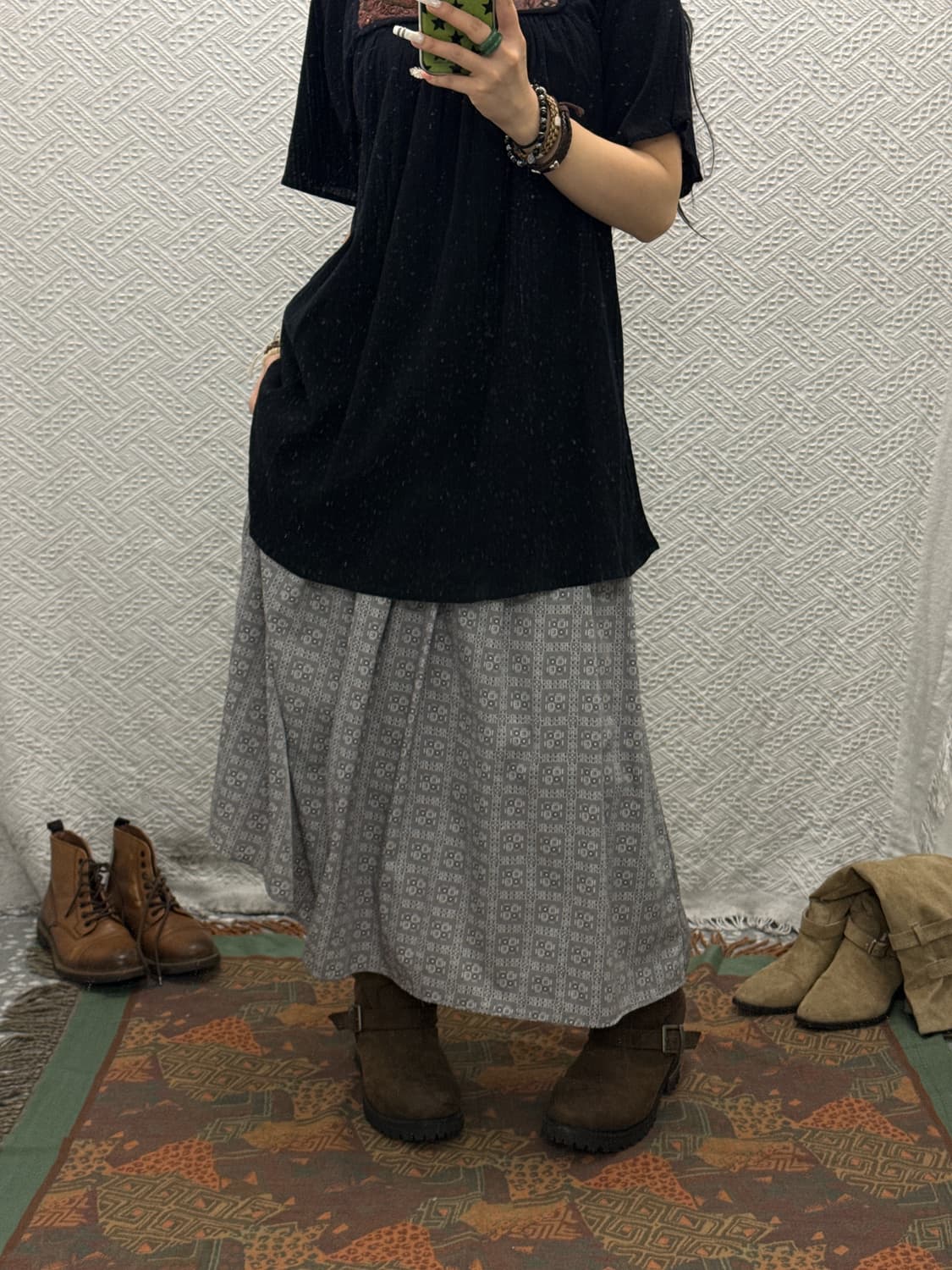 빈티지 인디언 히피 에스닉 패턴 플레어 롱스커트 K0083 상품이미지1