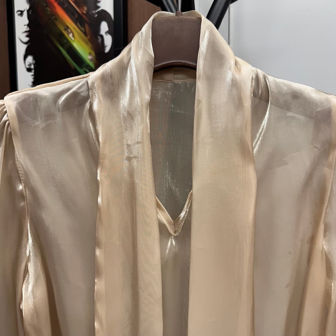 Beige Shimmer Sheer Long-Sleeve Blouse 상품이미지6