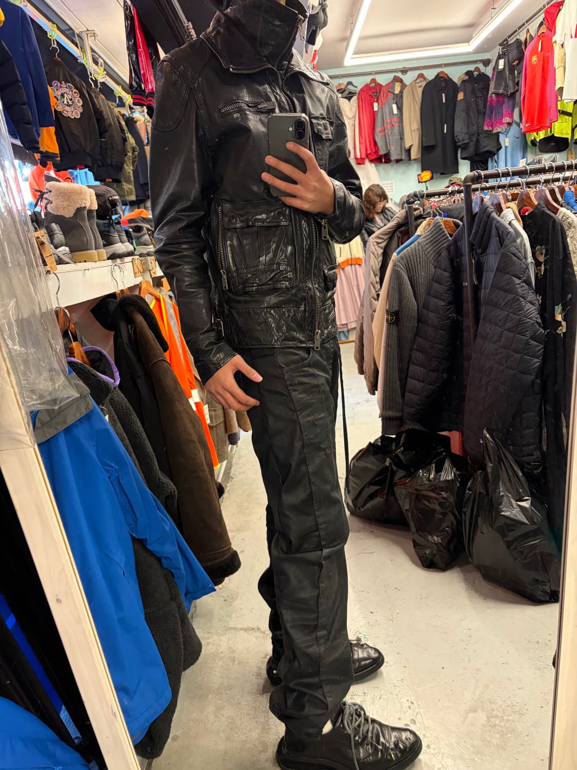 레이어드 더블 하이넥 버팔로 레더 자켓 상품이미지8