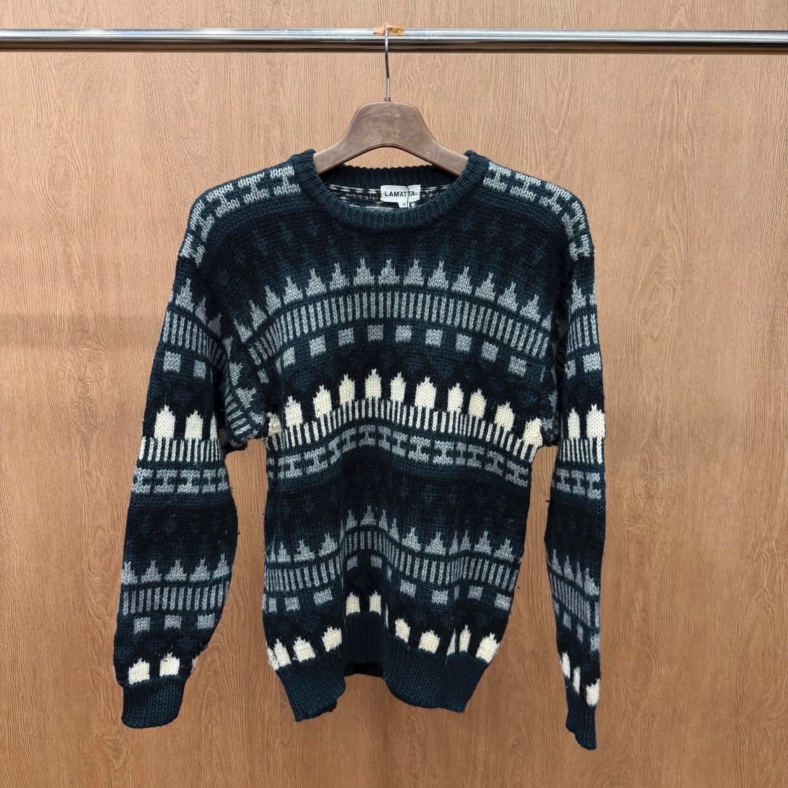 빈티지 라운드넥 긴팔 울 니트 노르딕 페어아일 패턴 디테일 그린 네이비 상품이미지2