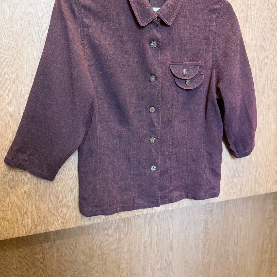 빈티지 린넨 셔츠 싱글 플랩 포켓 디테일 7부 디테일 레귤러핏 와인 상품이미지4