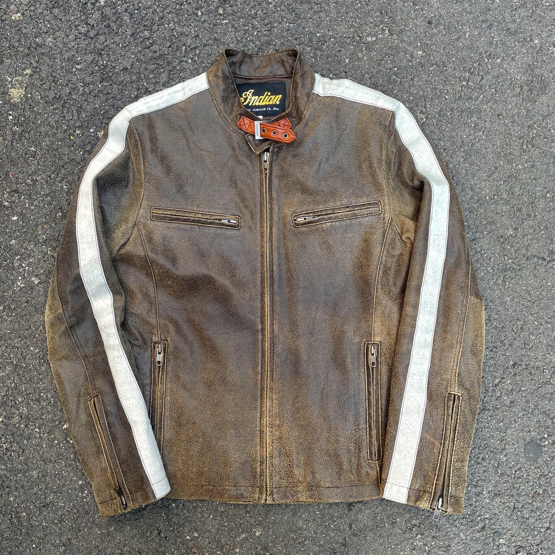 90s 인디언 모터사이클 워싱 브라운 리얼 레더 싱글 라이더 가죽 자켓 상품이미지2