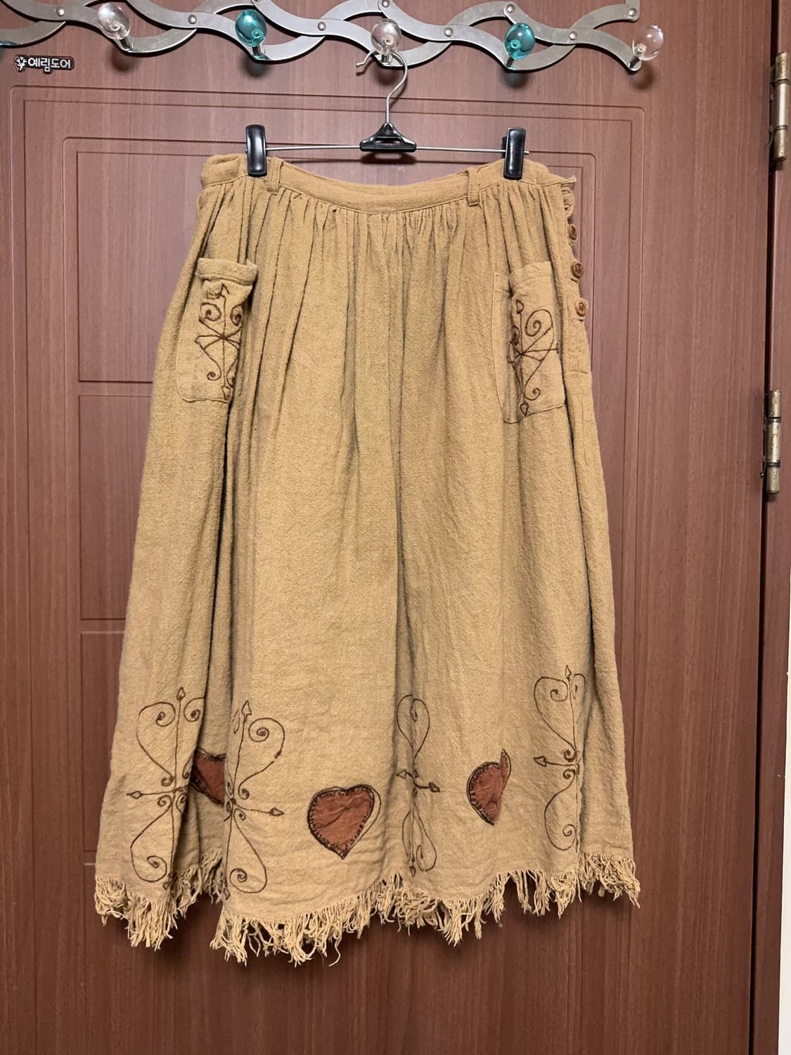모리걸 하구미 히피 에스닉 일본 빈티지 베이지 브라운 자수 롱 스커트 상품이미지1