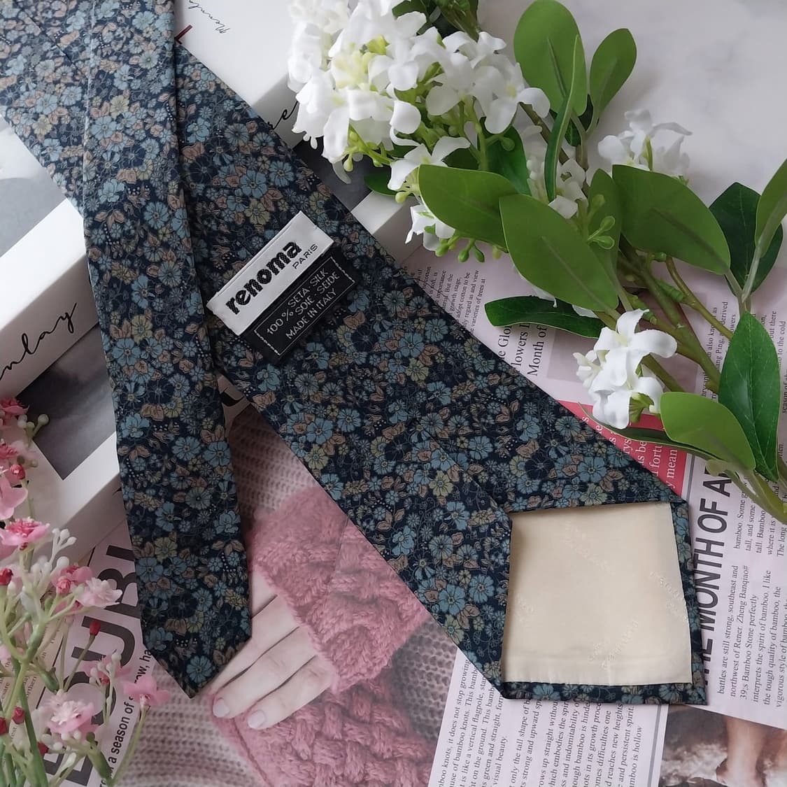 레노마 실크 네이비 플라워 패턴 넥타이 8.7cm A+등급 K1621 상품이미지5