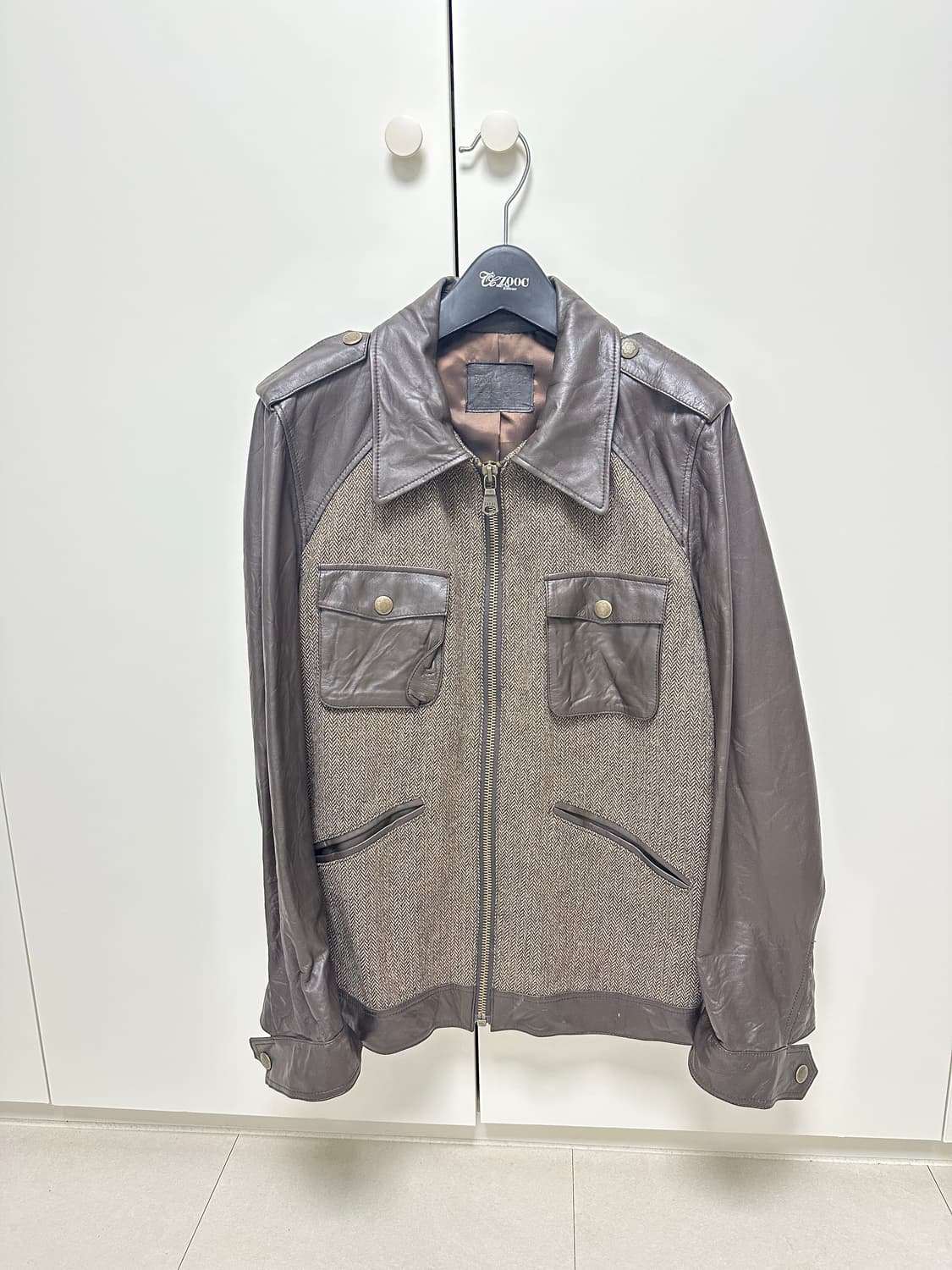 가죽/헤링본 배색 브라운 레더 자켓 상품이미지1