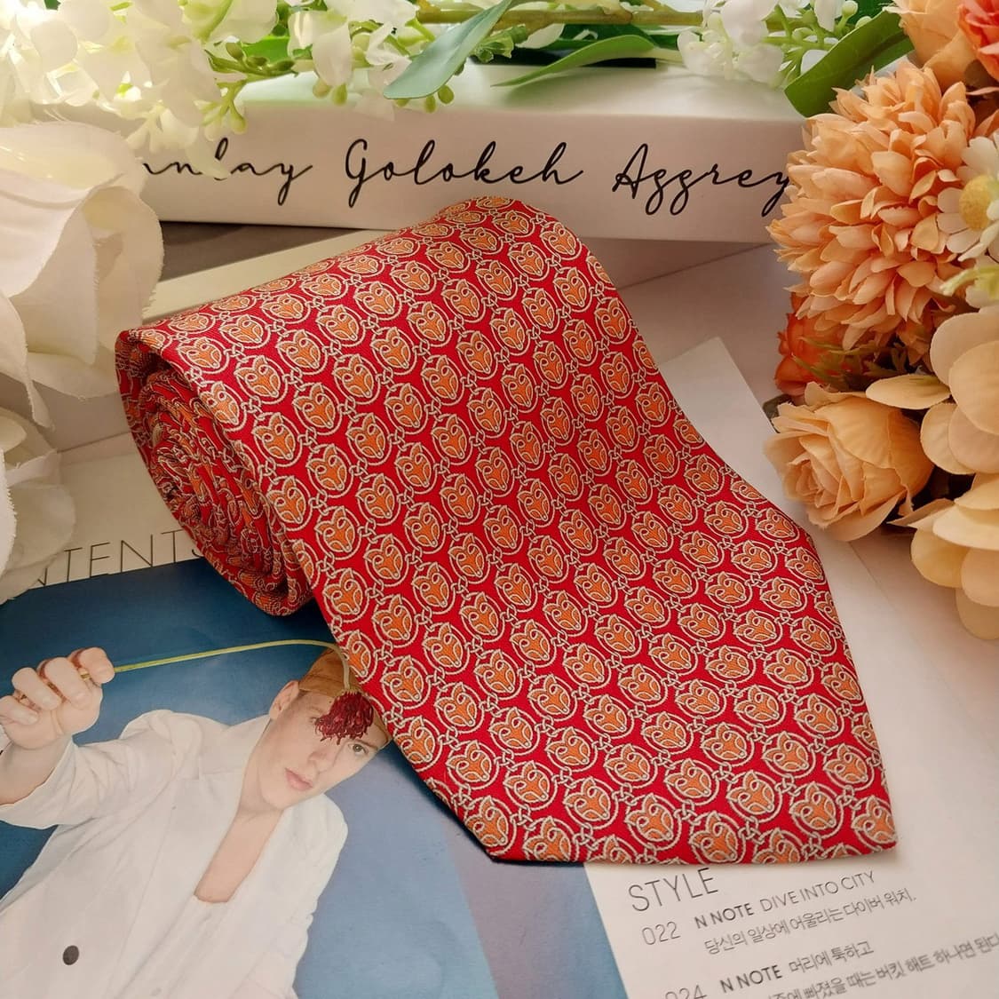 페라가모 실크 레드&오렌지 모티프 넥타이 9.9cm A+등급 K1570 상품이미지1