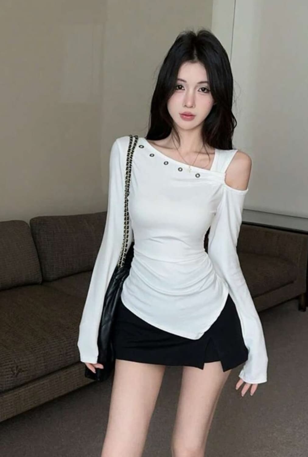 쉬인 비대칭 원숄더 긴소매 티셔츠 상품이미지1