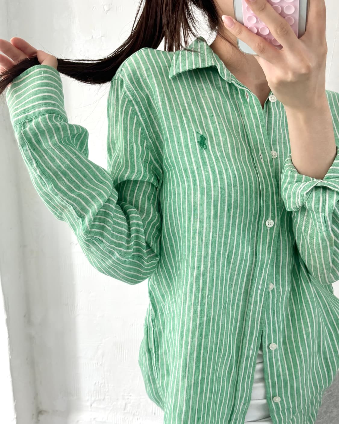 Polo 폴로 랄프로렌 신형 우먼 그린컬러 스트라이프 린넨 셔츠 상품이미지1