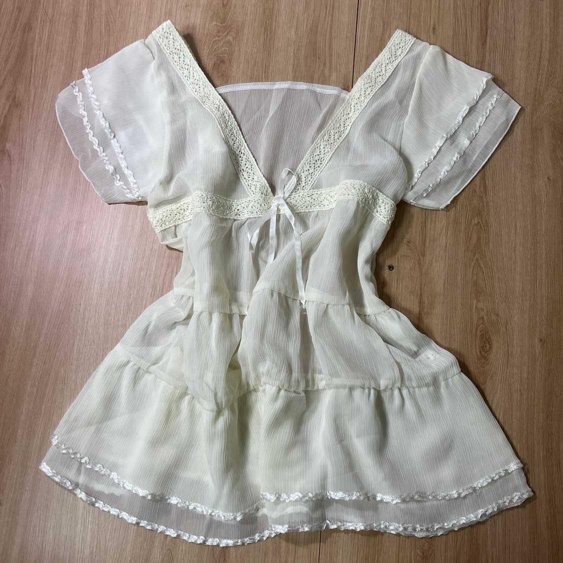 빈티지 | 크림 아이보리 시스루 레이스 튜닉 블라우스 페어리 히메갸루 상품이미지1